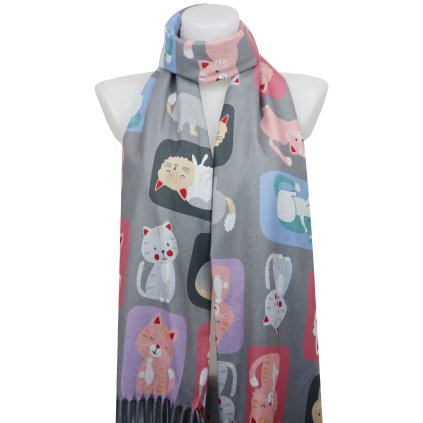 Eșarfă dreptunghiulară din cașmir pentru femei 2110-15 pisici desenate, gri 7200584-4