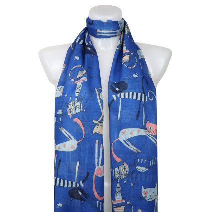Eșarfă dreptunghiulară ușoară pentru femei cu pisici 378-5 - albastru 7200607-1
