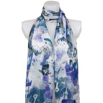 Eșarfă subțire dreptunghiulară pentru femei 378-6, motiv câine - albastru 7200609