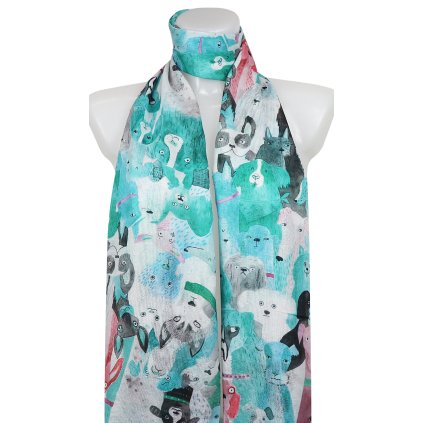 Eșarfă subțire dreptunghiulară pentru femei 378-6, motiv câine - verde 7200609-2