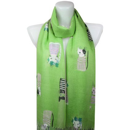 Eșarfă dreptunghiulară subțire pentru femei 378-4, figuri de pisici - verde 7200610-6