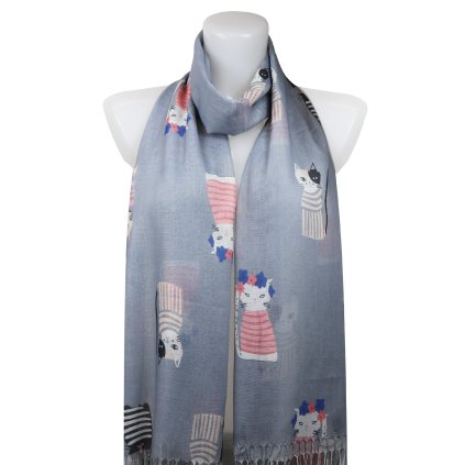 Eșarfă rectangulară subțire pentru femei 378-4, figuri de pisici - gri 7200610-5