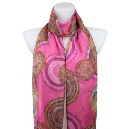 Eșarfă dreptunghiulară ușoară pentru femei 31110, rotundă cu fir auriu - roz 7200601