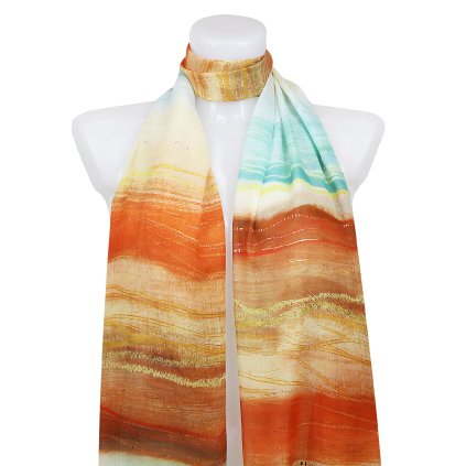 Eșarfă dreptunghiulară ușoară pentru femei 31111, peisaj cu fir auriu - portocaliu 7200602