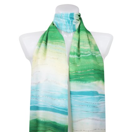 Eșarfă dreptunghiulară ușoară pentru femei 31111, peisaj cu fir auriu - verde 7200602-3