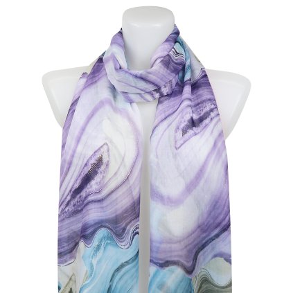 Eșarfă dreptunghiulară ușoară pentru femei 31102, Marble II. cu fir auriu - violet 7200603-2