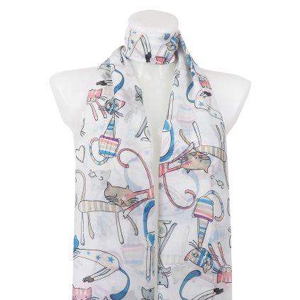 Eșarfă dreptunghiulară subțire pentru femei 3085-02, pisici - culoare albă 7200625-2