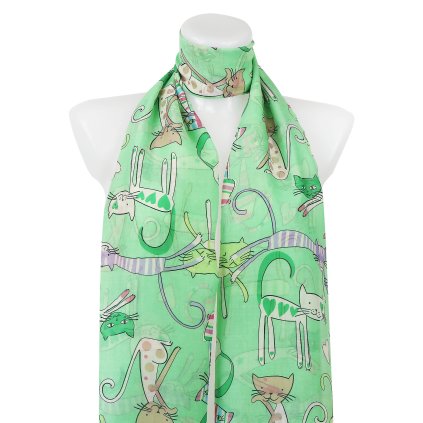 Eșarfă dreptunghiulară subțire pentru femei 3085-02, pisici - culoare verde 7200625-3