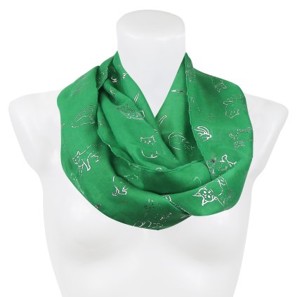 Eșarfă tunel de damă 345-9A cu imprimeu argintiu pisică, culoare verde 7200626-5