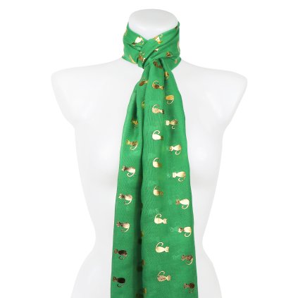 Eșarfă dreptunghiulară ușoară pentru femei 345-1 cu imprimeu de pisici aurii, culoare verde 7200627