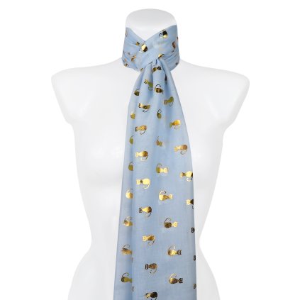 Eșarfă dreptunghiulară ușoară pentru femei 345-1 cu imprimeu de pisici aurii, culoare albastru deschis 7200627-4