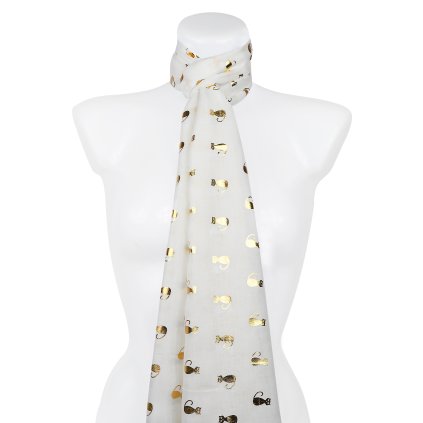 Eșarfă dreptunghiulară ușoară pentru femei 345-1 cu imprimeu de pisică aurie, culoare albă 7200627-7