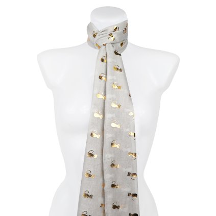 Eșarfă dreptunghiulară ușoară pentru femei 345-1 cu imprimeu de pisici aurii, culoare gri 7200627-8