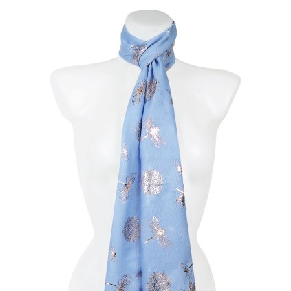 Eșarfă dreptunghiulară ușoară pentru femei 355-6 cu imprimeu auriu libelule, culoare albastră 7200624-2