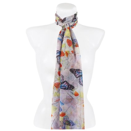 Eșarfă dreptunghiulară de damă 36504 cu imprimeu fluturi, culoare albă 7200636-4