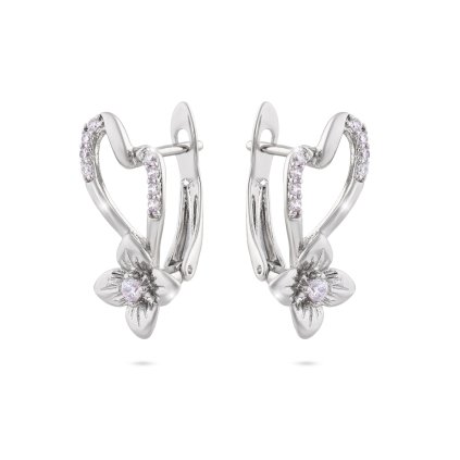 Cercei dangle placați cu rodiu, floare cu inimă decorată cu zirconiu cubic 1002690