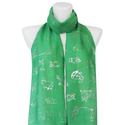 Eșarfă dreptunghiulară ușoară pentru femei 345-8 cu imprimeu cu pisică argintie, verde 7200648