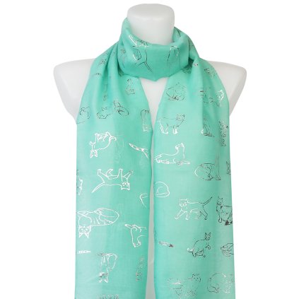 Eșarfă dreptunghiulară ușoară pentru femei 345-8 cu imprimeu cu pisică argintie, turcoaz 7200648-4