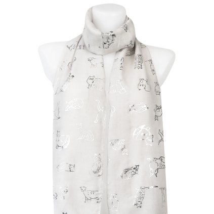 Eșarfă dreptunghiulară ușoară pentru femei 345-8 cu imprimeu cu pisică argintie, alb 7200648-7