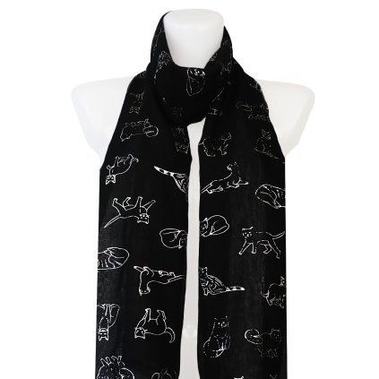 Eșarfă dreptunghiulară ușoară pentru femei 345-8 cu imprimeu cu pisică argintie, negru 7200648-9
