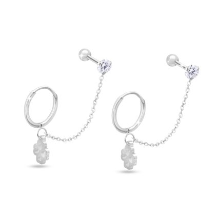 Cercei cu două găuri din oțel chirurgical, trifoi cu patru foi cu lanț și zirconiu cubic transparent 1002761