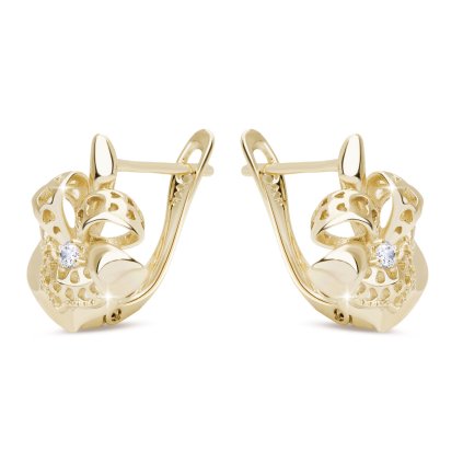 Cercei placați cu aur de 14k, decorați cu flori cu secțiuni transversale cu inimioare și zirconi 1002885