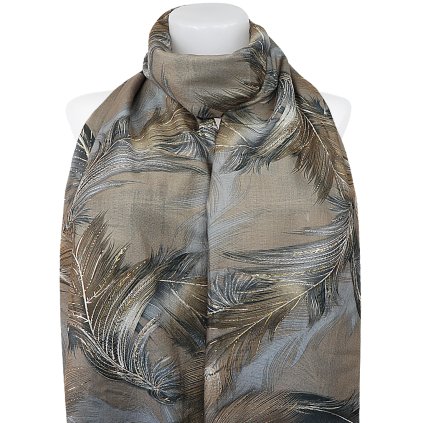 Esarfa dreptunghiulara calda de dama 3015-56 pene cu fir auriu, culoare maro 7200657-1