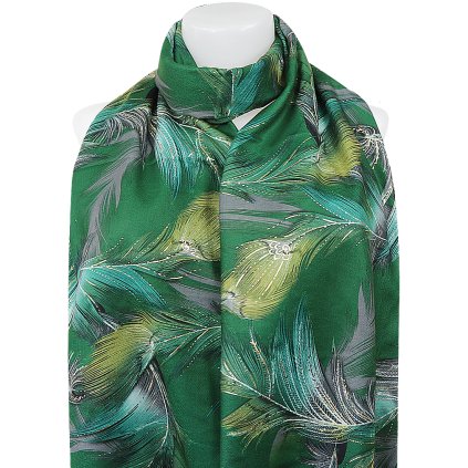 Esarfa dreptunghiulara calda de dama 3015-56 pene cu fir de aur, culoare verde 7200657-2