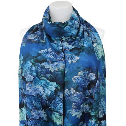 Esarfa dreptunghiulara calda de dama 3015-65 frunze cu fir auriu, culoare albastra 7200660-1