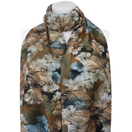 Esarfa dreptunghiulara calda de dama 3015-65 frunze cu fir auriu, culoare maro 7200660-3