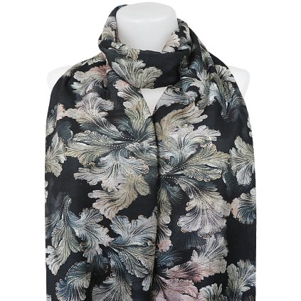 Esarfa dreptunghiulara calda de dama 3015-65 frunze cu fir auriu, culoare neagra 7200660-4