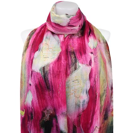 Esarfa dreptunghiulara calda de dama 3015-25 abstract cu fir auriu, culoare roz 7200688-1