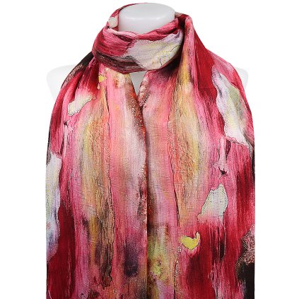 Esarfa dreptunghiulara calda de dama 3015-25 abstract cu fir auriu, culoare rosie 7200688-4