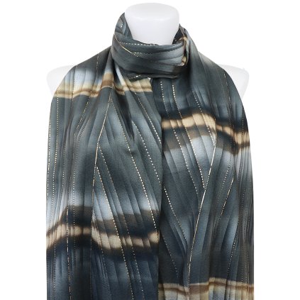 Esarfa dreptunghiulara calda de dama 3015-67 motiv ondulat cu fir auriu, culoare neagra 7200664-1