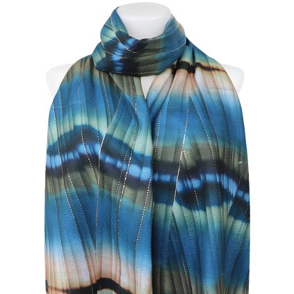 Esarfa dreptunghiulara calda de dama 3015-67 motiv ondulat cu fir auriu, culoare albastra 7200664-3