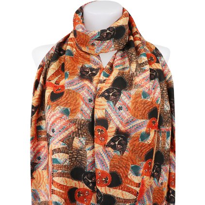 Esarfa dreptunghiulara calda de dama 3013-7 cu imprimeu pisici, culoare portocalie 7200669