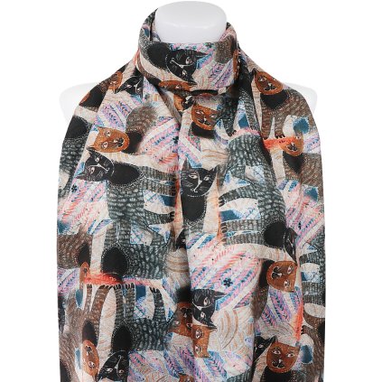 Esarfa dreptunghiulara calda de dama 3013-7 cu imprimeu pisici, culoare maro 7200669-2