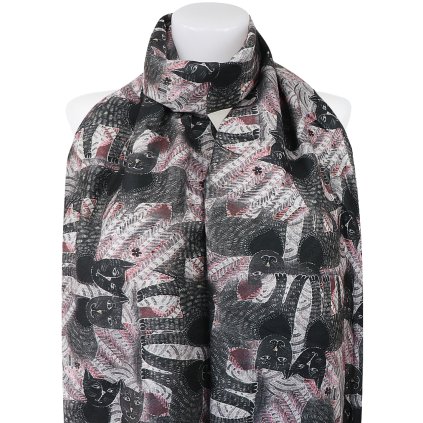 Esarfa dreptunghiulara calda de dama 3013-7 cu imprimeu pisici, negru 7200669-4