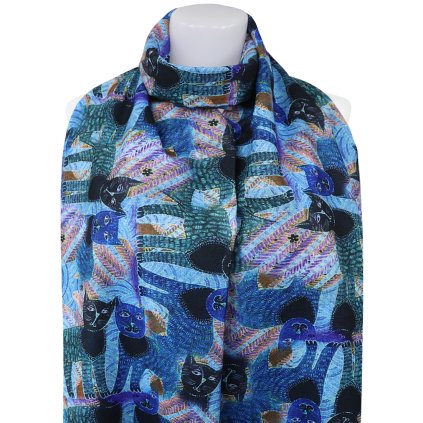 Esarfa dreptunghiulara calda de dama 3013-7 cu imprimeu pisici, culoare albastra 7200669-5