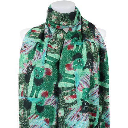 Esarfa dreptunghiulara calda de dama 3013-7 cu imprimeu pisici, culoare verde 7200669-6