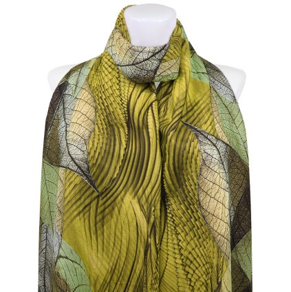 Esarfa dreptunghiulara calda de dama 3015-43 frunze abstracte cu fir auriu, culoare galbena 7200671-2