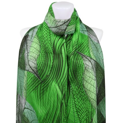 Esarfa dreptunghiulara calda de dama 3015-43 frunze abstracte cu fir auriu, culoare verde 7200671-3