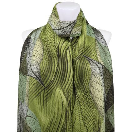 Esarfa dreptunghiulara calda de dama 3015-43 frunze abstracte cu fir auriu, culoare verde kaki 7200671-4