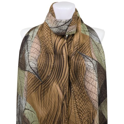Esarfa dreptunghiulara calda de dama 3015-43 frunze abstracte cu fir auriu, culoare maro 7200671-5