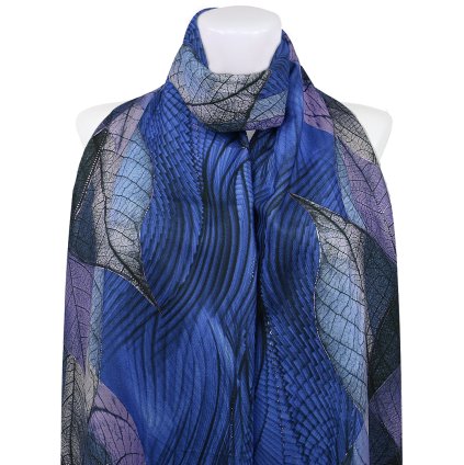 Esarfa dreptunghiulara calda de dama 3015-43 frunze abstracte cu fir auriu, culoare albastru inchis 7200671-7
