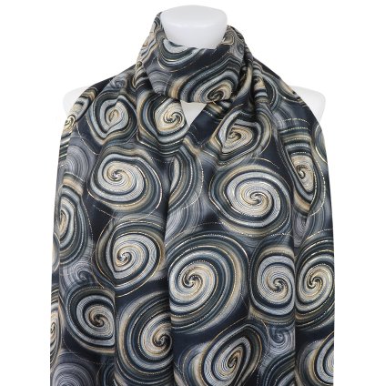 Esarfa dreptunghiulara calda de dama 3015-29 cercuri abstracte cu fir auriu, culoare neagra 7200686-5