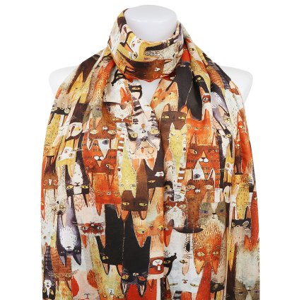 Esarfa dreptunghiulara calda de dama 3015-35 pisici abstracte cu fir auriu, culoare portocalie 7200672