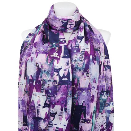 Esarfa dreptunghiulara calda de dama 3015-35 pisici abstracte cu fir auriu, culoare violet 7200672-4