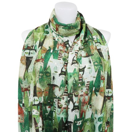 Esarfa dreptunghiulara calda de dama 3015-35 pisici abstracte cu fir auriu, culoare verde 7200672-5
