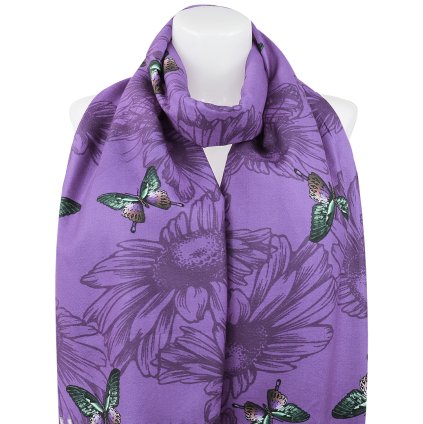 Eșarfă dreptunghiulară de cașmir pentru femei 23115-5 cu imprimeu fluture, culoare violet 7200673-1